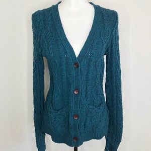 Anthropologie Cable Knit Cardigan Blue Teal Medium
